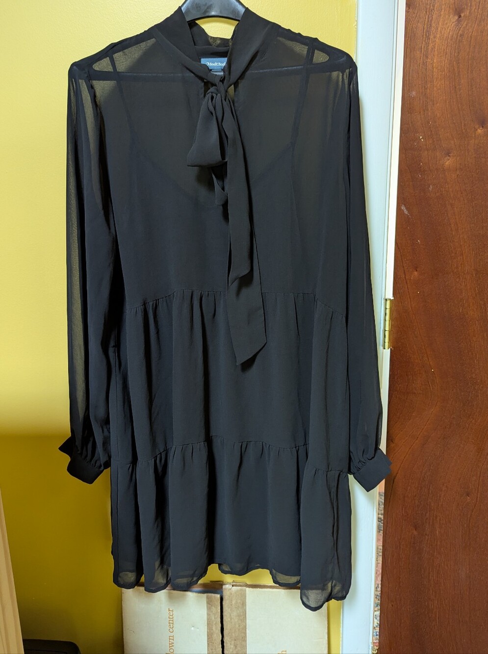 Modcloth Sheer Long-Sleeve Tie-Neck Mesh Dress And Slip - Black
